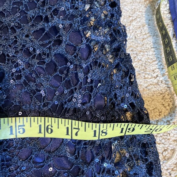 Alex Evenings Sheer Lace Sequin Dress w/ Slip Navy Bell Sleeves Fairy Whimsical - Picture 10 of 13